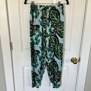 Lobo Rosa Green Jungle Tropical Leaf Print Satin Pants Size S